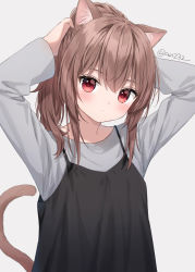 Rule 34 | 1girl, adjusting hair, animal ears, anz32, brown hair, camisole, camisole over clothes, cat ears, cat girl, cat tail, expressionless, grey background, long sleeves, looking at viewer, medium hair, nina (anz32), original, red eyes, shirt, simple background, tail