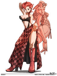 Rule 34 | 1boy, 1girl, boots, breasts, cleavage, contrapposto, falcoon, jojo no kimyou na bouken, math, pink theme, side slit, skirt, spice girl (stand), stand (jojo), standing, thick thighs, thighs, trish una, vento aureo, zipper