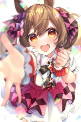 Rule 34 | 1girl, animal ears, arm up, blurry vision, blush, bow, brown eyes, brown hair, clothing request, commentary request, from above, hair between eyes, hair bow, hand up, highres, horse ears, jewelry, long hair, looking at viewer, looking up, open mouth, ouri (aya pine), pink bow, puffy short sleeves, puffy sleeves, purple bow, reaching, reaching towards viewer, shirt, short sleeves, skirt, smart falcon (umamusume), smile, solo, standing, teeth, umamusume, upper teeth only, white shirt