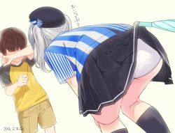 Rule 34 | 10s, 1boy, 1girl, 2016, ama mitsuki, bent over, brown hair, closed umbrella, clothes lift, dated, employee uniform, hat, kantai collection, kashima (kancolle), lawson, looking at another, lost child, panties, raglan sleeves, silver hair, simple background, skirt, skirt lift, tears, twintails, umbrella, underwear, uniform, white panties, wiping tears
