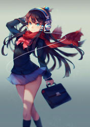 Rule 34 | 1girl, arm behind head, bag, blue skirt, bow, gradient background, hair tubes, handbag, headphones, holding, holding bag, isis (p&amp;d), long sleeves, miniskirt, pink bow, pleated skirt, puzzle &amp; dragons, red scarf, scarf, school uniform, skirt, smile, solo, vienri