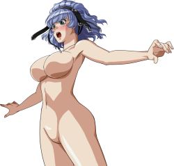 Rule 34 | 1girl, aqua centolm, armpits, banpresto, blue hair, blush, breasts, collarbone, cowboy shot, green eyes, hairband, large breasts, navel, no nipples, no pussy, nude, open mouth, short hair, solo, super robot wars, super robot wars mx, super robot wars original generation, teeth, thighs, third-party edit, transparent background