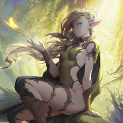 Rule 34 | 1girl, backlighting, blonde hair, boots, bug, butterfly, covered navel, elf, covered erect nipples, green eyes, green hair, highres, bug, lips, long hair, looking to the side, loped, no bra, original, pointy ears, sitting, skindentation, solo, thighhighs, tree, branch, vambraces, wind