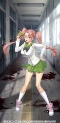 Rule 34 | 1girl, blood, blood on ground, blood on wall, blush, breasts, covered erect nipples, drill, floating hair, full body, glasses, green skirt, highres, highschool of the dead, indoors, large breasts, long hair, official art, open mouth, phone wallpaper, pink footwear, pink hair, queen&#039;s blade, queen&#039;s blade limit break, ribbon, school uniform, shirt, skirt, socks, solo, takagi saya, tool, twintails, wallpaper, white ribbon, white shirt, white socks, yellow eyes