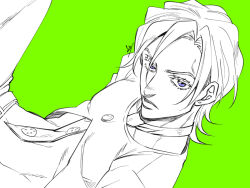 Rule 34 | 1boy, belt, byon, crop top, food print, green background, greyscale with colored background, jojo no kimyou na bouken, looking at viewer, necktie, pannacotta fugo, parted bangs, partially unbuttoned, purple eyes, short hair, solo, spot color, strawberry print, vento aureo
