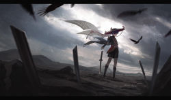 Rule 34 | 1boy, anna (drw01), armor, bird, closed mouth, cloud, cloudy sky, commentary request, genshin impact, hat, highres, japanese armor, japanese clothes, jingasa, kote, kurokote, letterboxed, male focus, mountain, outdoors, planted, planted sword, planted weapon, purple hair, scaramouche (genshin impact), sky, solo, standing, sword, weapon