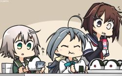 Rule 34 | 3girls, ahoge, blue sailor collar, bodysuit, bow, bowtie, brown hair, closed eyes, commentary request, dated, eating, elbow gloves, food, fur-trimmed sleeves, fur trim, furutaka (kancolle), gloves, glowing, glowing eye, green eyes, grey hair, hair between eyes, hair ornament, hairclip, halterneck, hamu koutarou, heterochromia, highres, jacket, kantai collection, kiyoshimo (kancolle), long sleeves, low twintails, multiple girls, neck ribbon, neckerchief, one-hour drawing challenge, onigiri, open mouth, red ribbon, remodel (kantai collection), ribbon, sailor collar, school uniform, serafuku, shimushu (kancolle), shirt, short hair, single elbow glove, tareme, twintails, upper body, white shirt