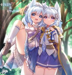 Rule 34 | 2girls, :d, animal ears, blue capelet, blue eyes, blue hair, blue skirt, brown footwear, capelet, commission, expressionless, fang, forest, frilled capelet, frilled skirt, frills, hair ornament, hat, highres, hood, hooded capelet, leg lift, light blue hair, long sleeves, looking at viewer, medium hair, multiple girls, nature, open mouth, original, purple eyes, shirt, siblings, skeb commission, skirt, smile, snowflake hair ornament, tail, tree, twins, white shirt, wolf ears, wolf girl, wolf tail, yufukiri