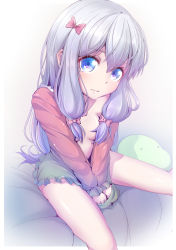 Rule 34 | 10s, 1girl, blue eyes, blush, bow, breasts, closed mouth, eromanga sensei, hair bow, highres, imo bouya, izumi sagiri, long hair, looking at viewer, open clothes, open pajamas, pajamas, pink bow, revision, silver hair, sitting, small breasts, solo, stuffed animal, stuffed toy