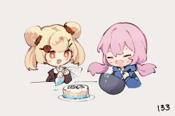 Rule 34 | 2girls, arknights, blonde hair, blue jacket, blue poison (arknights), blush, brown jacket, cake, candy hair ornament, chibi, closed eyes, collared shirt, commentary, cooking, cropped torso, double bun, english commentary, floating hair, food, food-themed hair ornament, grey background, gummy (arknights), hair between eyes, hair bun, hair ornament, hairclip, hood, hooded jacket, jacket, long hair, long sleeves, low twintails, mixing bowl, multiple girls, open mouth, orange eyes, pink hair, ruri (dailybloopy), shirt, short hair, simple background, smile, twintails, upper body, white shirt