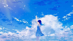 Rule 34 | 1girl, blue dress, blue hair, blue sky, blue theme, cloud, dress, long hair, original, outdoors, scenery, shion 08, sky, summer, waving
