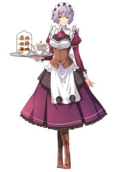 Rule 34 | 1girl, apron, boots, breasts, corset, cup, detached sleeves, dress, eiyuu densetsu, enami katsumi, falcom, female focus, food, full body, green eyes, holding, juliet sleeves, knee boots, long sleeves, looking at viewer, maid, maid apron, maid headdress, medium breasts, official art, pastry, puffy sleeves, purple hair, sen no kiseki, sharon kreuger, simple background, smile, solo, standing, teacup, teapot, tiered tray, tray