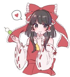 Rule 34 | 1girl, ascot, blush, bow, closed mouth, commentary request, cropped torso, detached sleeves, eating, food, frilled bow, frilled hair tubes, frills, hair bow, hair tubes, hakurei reimu, heart, highres, holding, holding skewer, long hair, mochi, red bow, red skirt, reimu tyuki, ribbon-trimmed sleeves, ribbon trim, simple background, skewer, skirt, skirt set, smile, solo, spoken heart, touhou, white background, yellow ascot