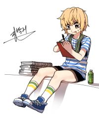 Rule 34 | 1boy, :p, blonde hair, bottle, drawing, full body, highres, jeong sana, male focus, parkgee, pen, red eyes, shirt, shoes, shorts, simple background, sketchbook, sneakers, socks, solo, striped clothes, striped shirt, suicide boy, sweatdrop, tongue, tongue out, white background
