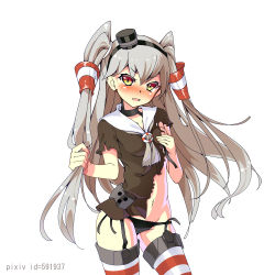 Rule 34 | 10s, 1girl, amatsukaze (kancolle), bad id, bad pixiv id, black panties, blush, covering breasts, covering privates, cowboy shot, garter straps, hair tubes, hairband, holding, holding own hair, kantai collection, long hair, looking at viewer, navel, ootsuki momiji, panties, silver hair, simple background, solo, thighhighs, torn clothes, two side up, underwear, very long hair, white background, yellow eyes