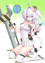 Rule 34 | 1girl, aged up, ahoge, alternate breast size, azur lane, blue eyes, blush, boots, cable, collarbone, commentary request, dress, drill, electric plug, gradient background, green background, hair ornament, long hair, looking at viewer, one eye closed, one side up, p.i.t.d, short dress, solo, thigh boots, thighhighs, universal bulin (azur lane), white background, white dress, white hair, white thighhighs, wrench