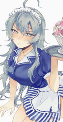 Rule 34 | 1girl, absurdres, ahoge, alternate costume, apron, blue shirt, blue skirt, breasts, cowboy shot, food, grey eyes, grey hair, hagioshi, highres, ice cream, kantai collection, large breasts, long hair, maid headdress, shirt, simple background, skirt, solo, striped clothes, striped skirt, torn clothes, tray, waist apron, waitress, washington (kancolle), white apron, white background