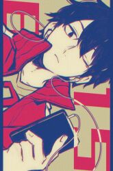 Rule 34 | 1boy, blue eyes, blue hair, closed mouth, collarbone, collared jacket, commentary, dated, dated commentary, digital media player, earphones, gaito-san, hair between eyes, halftone, highres, holding digital media player, jacket, kagerou project, kisaragi shintarou, light frown, looking at object, male focus, mekakucity actors, pillarboxed, popped collar, red jacket, shirt, short hair, simple background, solo, t-shirt, track jacket, upper body