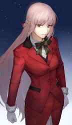 Rule 34 | 1girl, blazer, blue background, bow, bowtie, braid, buttons, fate/grand order, fate (series), florence nightingale (fate), florence nightingale (santa) (fate), french braid, fur-trimmed sleeves, fur trim, gloves, green bow, green bowtie, highres, jacket, kouzuki kei, long hair, long sleeves, multicolored bow, night, pink eyes, pink hair, red bow, red bowtie, red jacket, red skirt, santa costume, shirt, skirt, solo, very long hair, white gloves, white shirt