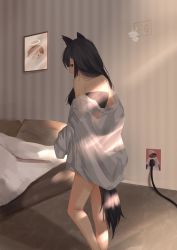 Rule 34 | 1girl, absurdres, animal ears, arknights, bandeau, bare shoulders, bed, black hair, blanket, chinese commentary, commentary request, drawing (object), electrical outlet, feet out of frame, from behind, grey eyes, grey shirt, highres, indoors, long hair, long sleeves, looking at viewer, looking back, off shoulder, open clothes, open shirt, pillow, profile, shadow, shirt, solo, standing, strapless, striped, tail, texas (arknights), thighs, tube top, v xiaoyang zi v, vertical stripes, wolf ears, wolf tail