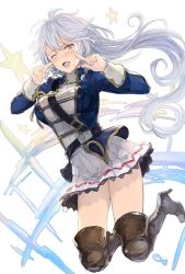 Rule 34 | 1girl, belt, between breasts, blush, boots, braid, breasts, granblue fantasy, high heel boots, high heels, jumping, long hair, one eye closed, open mouth, pointing, pointing at self, sabanobori, silva (granblue fantasy), silver hair, skirt, solo, thigh boots, thighhighs, uniform, yellow eyes