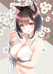 Rule 34 | 1girl, animal ear fluff, animal ears, arm under breasts, arm up, bow choker, bra, braid, breast hold, breasts, brown eyes, brown hair, cat ears, cat girl, choker, cleavage, commentary, floral background, flower, frilled choker, frilled cuffs, frills, highres, large breasts, lingerie, looking at viewer, nekobaka, open mouth, original, ribbon, short hair, sidelocks, smile, solo, underwear, upper body, white bra, white choker, white flower, wrist cuffs