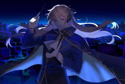 Rule 34 | 1boy, argalia (project moon), ascot, conductor baton, blue cape, blue eyes, blue jacket, cape, collared cape, collared jacket, gloves, gold trim, grin, highres, horns, jacket, jajeon liu, library of ruina, long hair, long sleeves, looking at viewer, male focus, project moon, sidelocks, smile, solo, upper body, very long hair, white ascot, white gloves, white hair