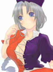 Rule 34 | 1girl, bad id, bad pixiv id, blue eyes, braid, breasts, center opening, cleavage, female focus, frown, grey hair, hat, head tilt, hechima (32), long hair, looking away, medium breasts, no bra, parted bangs, simple background, solo, touhou, upper body, white background, yagokoro eirin