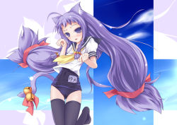 Rule 34 | 00s, 1girl, ahoge, animal ears, ayase yue, bell, cat ears, cat tail, long hair, low-tied long hair, mahou sensei negima!, no pants, one-piece swimsuit, paw pose, purple eyes, purple hair, school swimsuit, school uniform, serafuku, solo, swimsuit, swimsuit under clothes, tail, thighhighs, twintails, usurai, very long hair