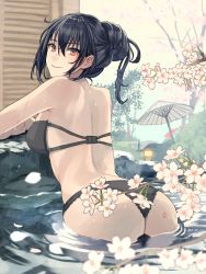 Rule 34 | 1girl, arched back, arm rest, ass, back, bare shoulders, bathing, bikini, black bikini, black hair, branch, breasts, bush, cherry blossoms, closed mouth, flower, from behind, hair between eyes, highres, kantai collection, kasumi (skchkko), lamp, large breasts, looking at viewer, looking back, nagato (kancolle), oil-paper umbrella, onsen, outdoors, petals, petals on liquid, red eyes, smile, solo, swimsuit, tree, umbrella, water, wet