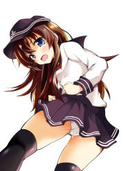 Rule 34 | 10s, absurdres, akatsuki (kancolle), ass, blue eyes, blush, brown hair, fang, from behind, hat, highres, kantai collection, l-trap, long hair, looking back, open mouth, panties, school uniform, serafuku, skirt, solo, thighhighs, underwear