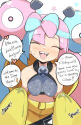 Rule 34 | 1girl, aqua hair, blush, breasts, character hair ornament, closed eyes, commentary, creatures (company), cropped shirt, cum, cum in clothes, cum through clothes, english text, facing viewer, game freak, grey shirt, hair ornament, highres, implied handjob, iono (pokemon), jacket, jellcaps, light purple hair, long hair, medium breasts, multicolored hair, navel, nintendo, open mouth, pokemon, pokemon sv, sharp teeth, shirt, signature, sleeveless, sleeveless shirt, speech bubble, star (symbol), teeth, tongue, trembling, two-tone hair, upper teeth only, yellow jacket