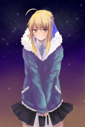 Rule 34 | 1girl, ahoge, alternate costume, artoria pendragon (all), artoria pendragon (fate), blonde hair, blush, braid, coat, fate/stay night, fate (series), french braid, gradient background, green eyes, highres, inuko (redconstellation), miniskirt, saber (fate), skirt, smile, solo, thighs