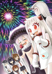 Rule 34 | 10s, 6+girls, abyssal ship, ahenn, akatsuki (kancolle), black eyes, black hair, blue eyes, blue hair, brown eyes, brown hair, candy apple, cape, closed eyes, cotton candy, crossed arms, eating, fang, fireworks, fish, food, food bite, food on face, gloves, goldfish, gradient background, hat, hibiki (kancolle), highres, horns, ikazuchi (kancolle), inazuma (kancolle), kantai collection, mittens, monster, multiple girls, northern ocean princess, open mouth, pale skin, red eyes, seaport princess, sharp teeth, single horn, summer festival, sweatdrop, teeth, turret, white hair, wo-class aircraft carrier