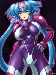 Rule 34 | 00s, 1girl, :d, aged up, arm behind back, blue hair, blush, bodysuit, bracer, breasts, breasts apart, covered erect nipples, eyebrows, gloves, green eyes, hair ribbon, hand on own hip, headband, highres, hip focus, huge breasts, kagehara hanzou, klan klein, large breasts, legs apart, logo, long hair, looking at viewer, macross, macross frontier, meltrandi, open mouth, outline, pointy ears, puffy sleeves, purple bodysuit, quad tails, ribbon, see-through, sidelocks, signature, sky, smile, solo, space, star (sky), starry sky, thick eyebrows, thighs, turtleneck, very long hair