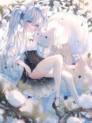 Rule 34 | 1girl, animal, animal ear fluff, animal ears, bare shoulders, black footwear, black skirt, blue eyes, blue hair, blurry, blurry foreground, blush, bow, breasts, cat, commentary request, depth of field, extra ears, flower, hair between eyes, highres, lace, lace-trimmed legwear, lace trim, long hair, looking at viewer, off-shoulder shirt, off shoulder, original, parted lips, pleated skirt, puffy short sleeves, puffy sleeves, shirt, shoes, short sleeves, sidelocks, skirt, small breasts, solo, tail, tandohark, thighhighs, twintails, very long hair, white bow, white flower, white shirt, white thighhighs