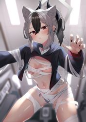Rule 34 | 1girl, animal ears, bandages, black hair, black hoodie, blue archive, blurry, blurry background, blush, breasts, cat ears, ceiling light, claw pose, closed mouth, e buki, ear piercing, fake animal ears, grey hair, groin, halo, highres, hood, hood down, hoodie, horns, indoors, kayoko (blue archive), long sleeves, looking at viewer, medium hair, multicolored hair, navel, no pants, piercing, ponytail, red eyes, sidelocks, small breasts, solo, two-tone hair