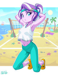 Rule 34 | 1girl, animification, arms behind head, bad id, beach, breasts, colored skin, crop top, dated, diamond tiara, exercising, female focus, full body, headband, highres, humanization, leggings, multicolored hair, my little pony, my little pony: equestria girls, my little pony: friendship is magic, navel, pants, petite, ponytail, purple hair, purple skin, small breasts, sportswear, streaked hair, sweatband, tight clothes, tight pants, uotapo, volleyball net, white hair