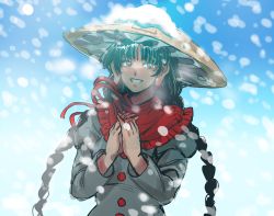 Rule 34 | 1girl, absurdres, ajirogasa, black hair, braid, brown hat, buttons, capelet, commentary request, dress, frilled capelet, frilled hat, frills, grey dress, grin, happy, hat, highres, interlocked fingers, juliet sleeves, kuya (hey36253625), long earlobes, long hair, long sleeves, own hands together, palms together, puffy sleeves, red capelet, red eyes, ribbon, single strap, smile, snow, snowing, touhou, twin braids, upper body, winter, yatadera narumi