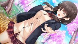 Rule 34 | 1girl, ;d, amari mito, black jacket, blue sky, blush, bow, bowtie, brown eyes, brown hair, brown skirt, cardigan, cherry blossoms, cowboy shot, day, diagonal-striped bow, dutch angle, floating hair, fuyu kiss, game cg, hair over shoulder, jacket, long hair, long sleeves, looking at viewer, low twintails, miniskirt, one eye closed, open clothes, open jacket, open mouth, outdoors, plaid, plaid skirt, pleated skirt, reaching, reaching towards viewer, red bow, red bowtie, school uniform, skirt, sky, smile, solo, spring (season), standing, thighhighs, twintails, unasaka ryou, yellow cardigan, zettai ryouiki
