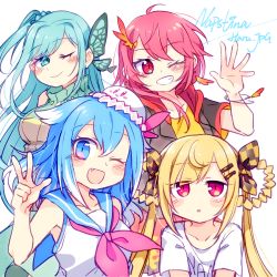 Rule 34 | 4girls, ;), blonde hair, blue hair, bracelet, butterfly hair ornament, cangqiong, chiyu (synthesizer v), dress, fang, feather hair ornament, green eyes, green hair, hair ornament, hairclip, haiyi, haru.jpg (artist), hat, highres, jewelry, long hair, multiple girls, one eye closed, red hair, sailor collar, sailor dress, shian (synthesizer v), shirt, simple background, smile, synthesizer v, t-shirt, turtleneck, upper body, v, white background