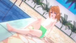 Rule 34 | 1girl, 3d, blue eyes, blue sky, breasts, character request, crossdressing, day, feet, female focus, flat chest, green jammers, green male swimwear, idolmaster, idolmaster cinderella girls, jammers, male swimwear, male swimwear challenge, nipples, orange hair, outdoors, pool, sitting, sky, solo, source request, swimsuit, tagme, topless, toshi (sjha1986), water