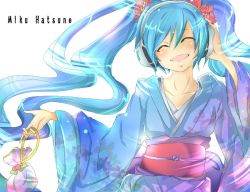 Rule 34 | blue hair, flower, fuabio, hatsune miku, headphones, japanese clothes, kimono, solo, twintails, vocaloid