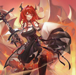 Rule 34 | 1girl, alice (mcaredor), arknights, belt, belt buckle, black belt, black bow, black coat, black dress, black thighhighs, bow, breasts, buckle, cleavage, coat, commentary, cowboy shot, demon horns, dress, fire, floating hair, highres, holding, holding sword, holding weapon, horns, id card, infection monitor (arknights), large breasts, lips, long hair, looking at viewer, off shoulder, open clothes, open coat, parted lips, red eyes, red hair, rhodes island logo (arknights), sidelocks, slit pupils, smile, solo, surtr (arknights), sword, thighhighs, tsurime, weapon