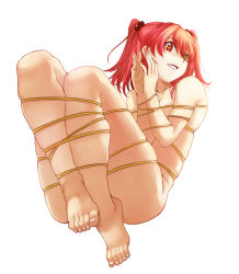 Rule 34 | 1girl, barefoot, bdsm, bondage, bound, eiji (eiji), feet, hair bobbles, hair ornament, long hair, nude, original, red eyes, red hair, rope, simple background
, smile, solo, symbol-shaped pupils, toes, twintails, white background