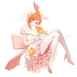 Rule 34 | 10s, 1girl, alternate costume, bare shoulders, bon nob, bouquet, bow, closed mouth, dress, earrings, flower, flower request, frilled dress, frills, full body, gloves, green eyes, hair ornament, hairband, high heels, hoshizora rin, jewelry, long legs, looking at viewer, love live!, love live! school idol festival, love live! school idol project, love wing bell, md5 mismatch, orange flower, orange hair, pink bow, pink footwear, resolution mismatch, see-through, shoes, short hair, signature, simple background, smile, solo, source smaller, swept bangs, thighhighs, veil, white background, white bow, white dress, white gloves, white thighhighs