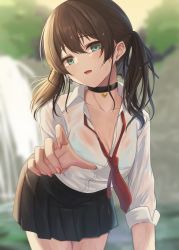 Rule 34 | 1girl, black choker, black ribbon, brown hair, choker, collarbone, commentary request, dress shirt, earrings, fingernails, green hair, hair ribbon, heart, heart choker, highres, hololive, jewelry, looking at viewer, loose necktie, natsuiro matsuri, necktie, open collar, open mouth, outdoors, red necktie, ribbon, shirt, skirt, solo, virtual youtuber, water, waterfall, wet, wet clothes, white shirt, wing collar, yamikyon