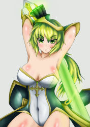 Rule 34 | 1girl, armor, arms up, bad id, bad pixiv id, breasts, cross, gender request, genderswap, glowing, green eyes, green hair, helmet, htpxr, kago (htpxr), large breasts, league of legends, master yi, matching hair/eyes, navel, short hair, solo, sword, weapon