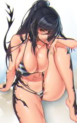 Rule 34 | 1girl, abs, anima (togashi), arm support, ass, bare shoulders, bikini, black bikini, black collar, black hair, breast press, breasts, cameltoe, cleavage, collar, covered erect nipples, final fantasy, final fantasy xiv, halterneck, head down, highres, horns, huge breasts, knee up, long hair, nail polish, navel, ponytail, scales, side-tie bikini bottom, sidelocks, sitting, skindentation, smile, solo, string bikini, striped bikini, striped clothes, swimsuit, tail, thighs, toned, warrior of light (ff14), white stripes, yellow eyes, yellow nails