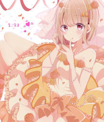 Rule 34 | 1girl, :o, absurdres, artist name, artist request, bare legs, bare shoulders, blush, bow, breasts, brown hair, cleavage, collarbone, crescent, crescent hair ornament, dress, dress bow, female focus, flower, grey hair, hair flower, hair ornament, highres, jewelry, light brown hair, looking at viewer, looking back, love live!, love live! nijigasaki high school idol club, medium breasts, nakasu kasumi, necklace, nekomeron, orange bow, orange flower, orange skirt, parted lips, pearl necklace, playing with own hair, purple eyes, red eyes, ribbon-trimmed legwear, ribbon trim, short hair, skirt, smile, solo, veil, wedding dress, white dress, white skirt, white veil, yellow flower